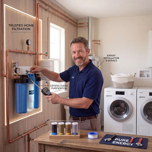 Man in a blue shirt working on home filtration system in a laundry room.