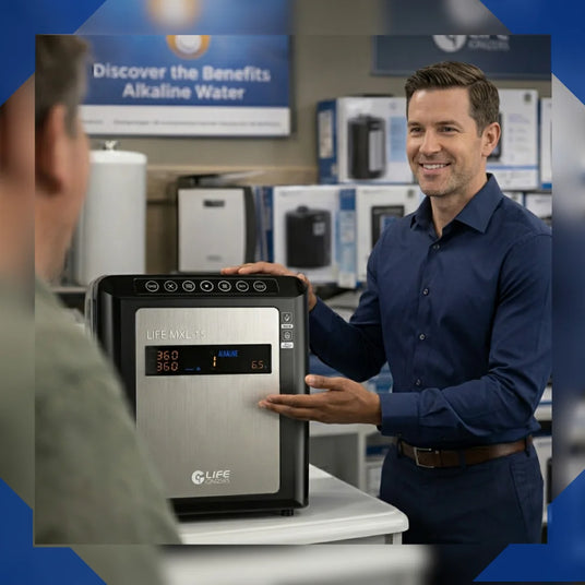 Man in a store holding a water filter, with promotional signs in the background.