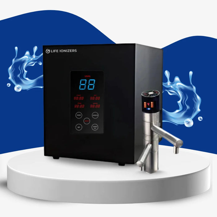 Life Ionizers water ionizer on a white platform with blue water graphics in the background