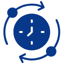 Blue icon of a clock with circular arrows, representing continuous monitoring or round-the-clock service.
