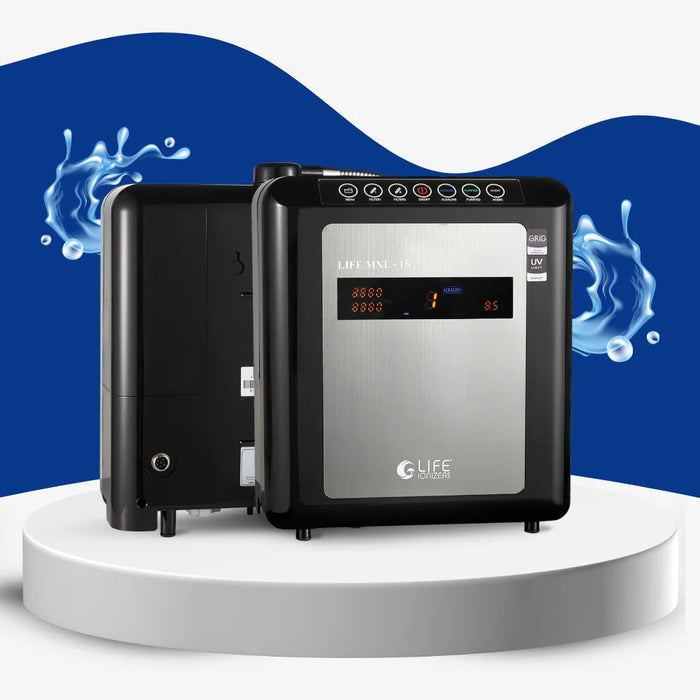 Black and silver water treatment device on a white platform with blue water splash graphics