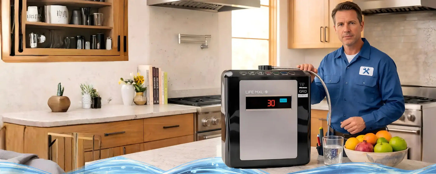Person demonstrating a water filter in a kitchen setting