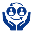 Blue icon of two hands holding a face with a smiley face, symbolizing care or support.