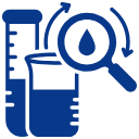 Science-themed icon with beakers, a dropper, and a magnifying glass on a blue background