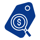 Blue icon of a price tag with a dollar sign and magnifying glass.