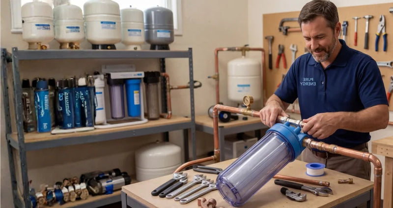 Man working on plumbing equipment in a workshop setting