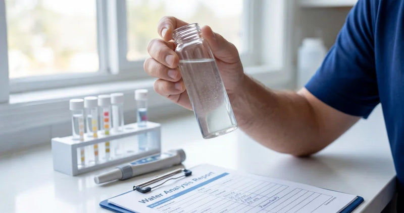 Person holding a water sample bottle with test equipment and forms on a desk.