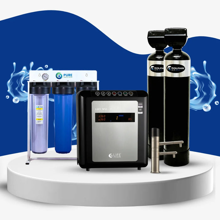 Collection of water filtration systems on a white platform with a blue background