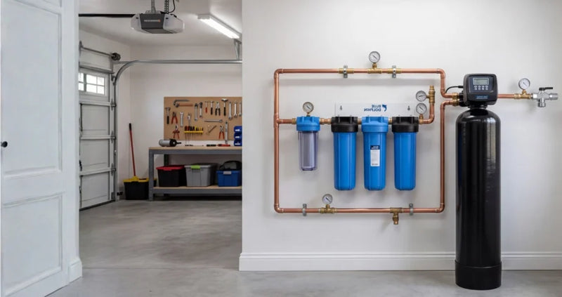 Home water filtration system installed in a garage.